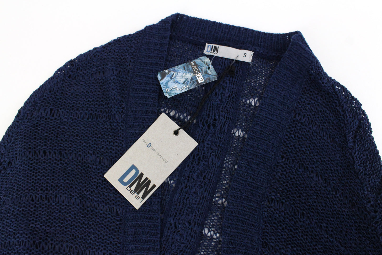 BLACK OUT Marina moteriškas džemperis S dydžio mėlynas megztinis be rankovių permatomas kardiganas 