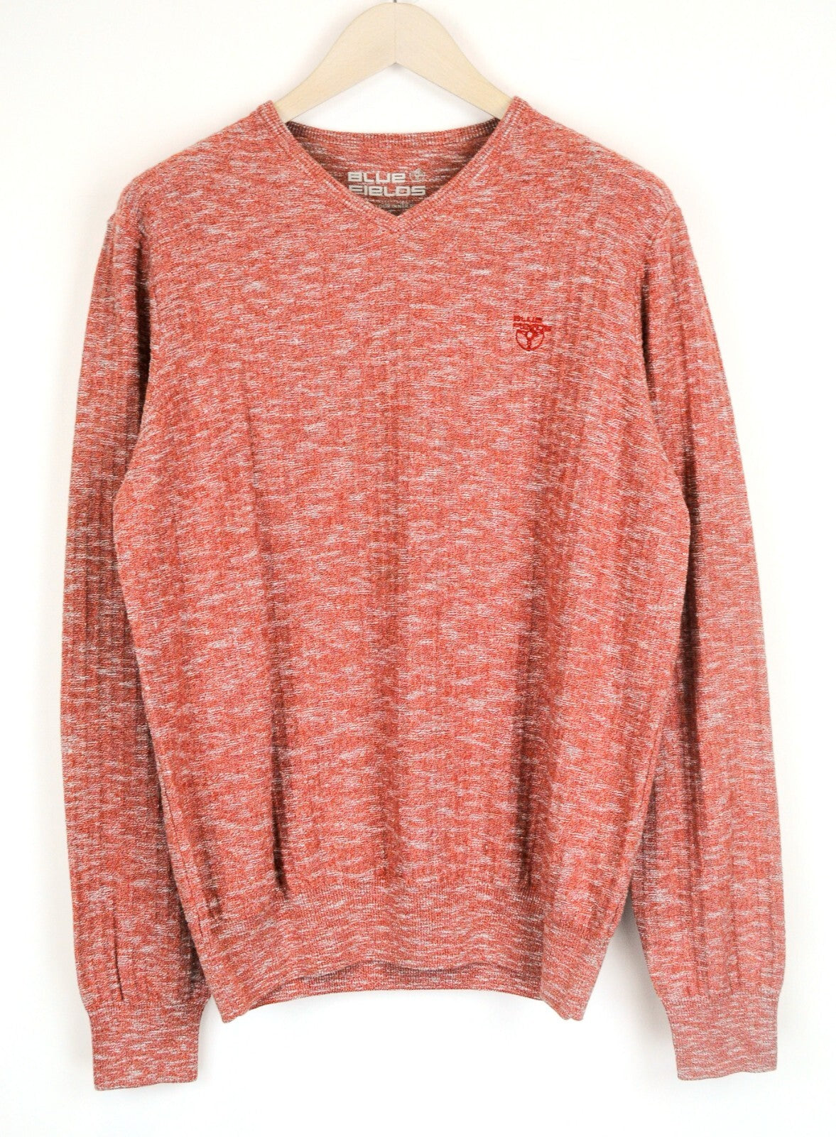 BLUE FIELDS vyriškas megztinis L dydžio oranžinis medvilninis megztinis su V formos iškirpte ilgomis rankovėmis 