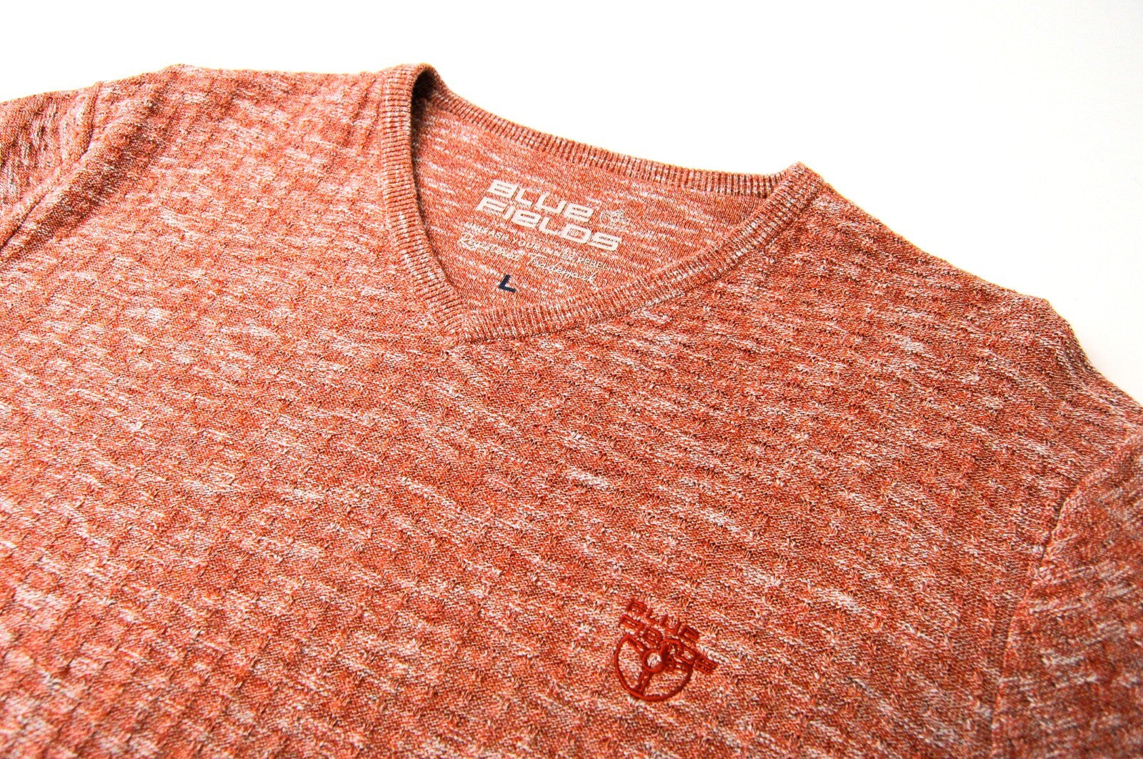 BLUE FIELDS vyriškas megztinis L dydžio oranžinis medvilninis megztinis su V formos iškirpte ilgomis rankovėmis 