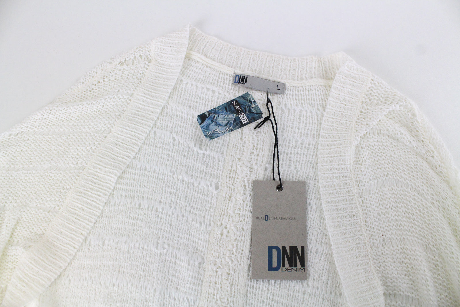 BLACK OUT Marina moteriškas džemperis L dydžio, baltas megztas be rankovių permatomas kardiganas 
