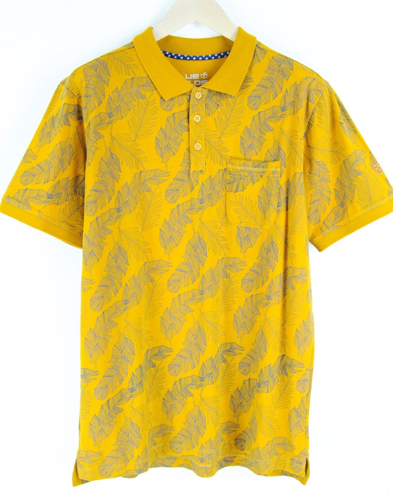 BLUE FIELDS Men Polo Shirt L Yellow Leaf Print Collared Short Sleeve Casual