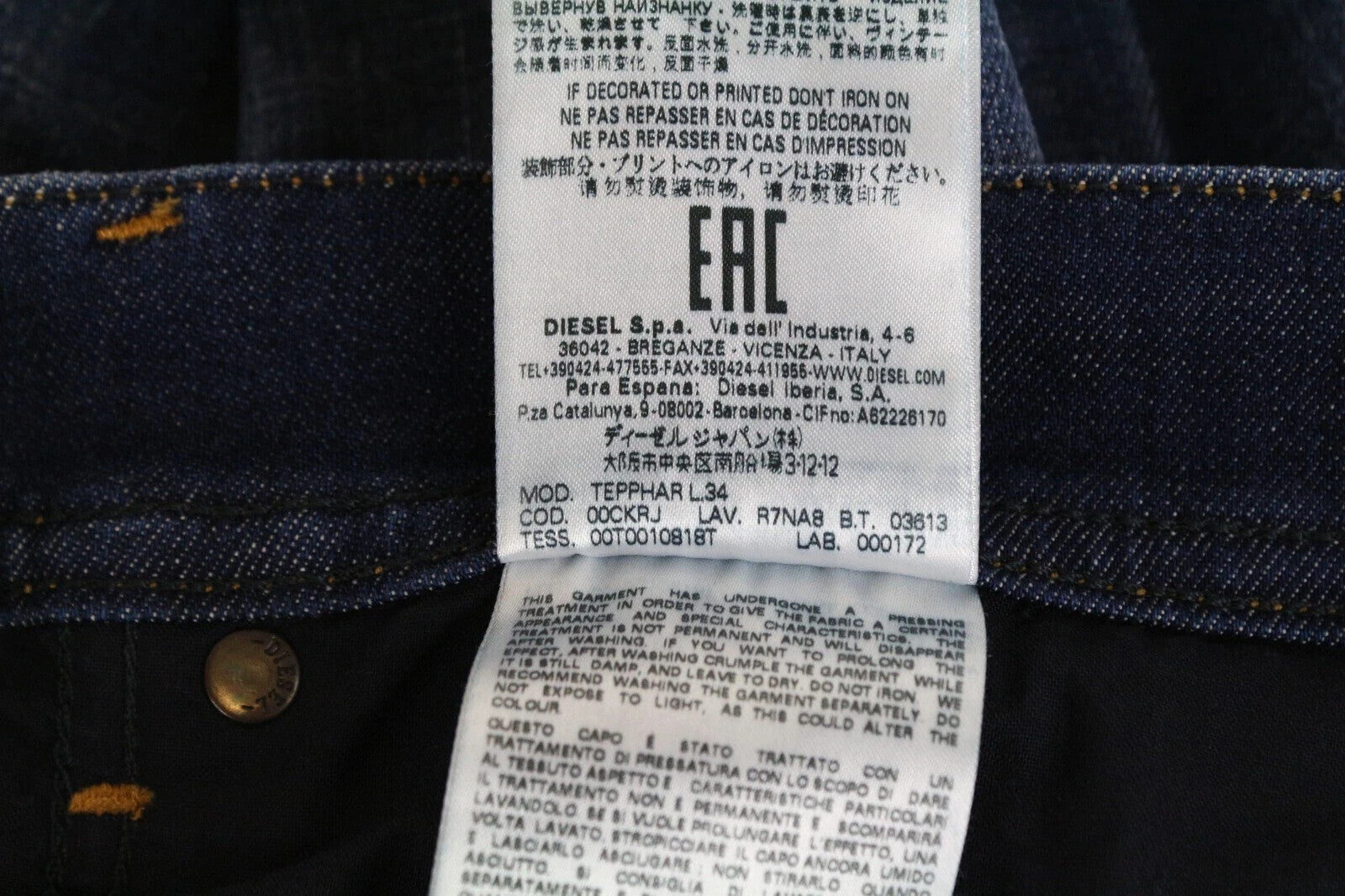 DIESEL Tepphar R7NA8 vyriški džinsai W30/L34 Slim Carrot Fit, mėlyni, tamprūs, dirbtinio audinio 