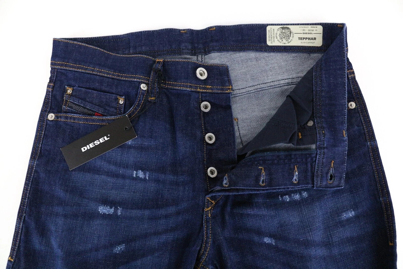 DIESEL Tepphar R7NA8 vyriški džinsai W30/L34 Slim Carrot Fit, mėlyni, tamprūs, dirbtinio audinio 