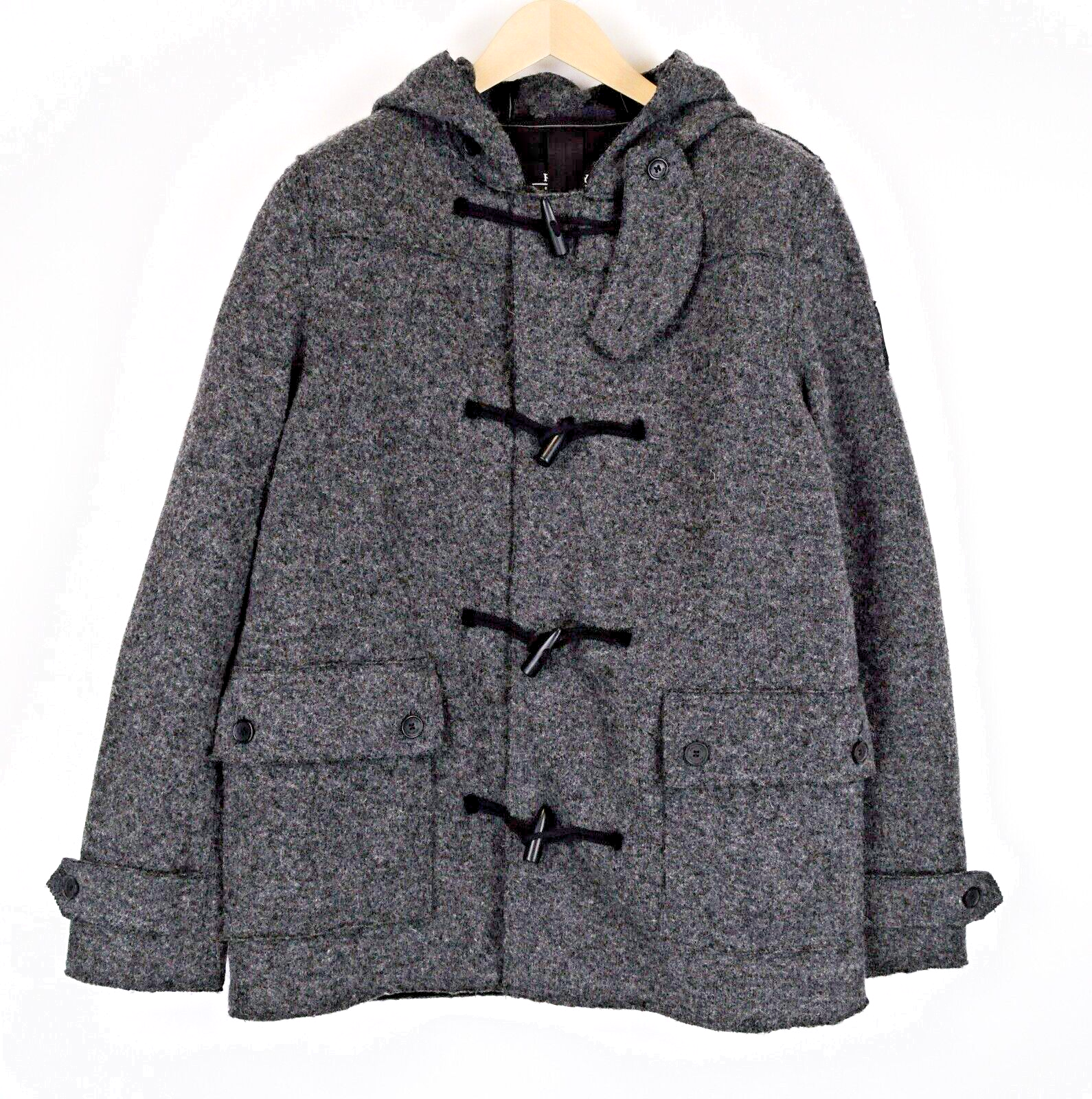 REPLAY vyriškas XL dydžio pilkas vilnonis paltas su gobtuvu, vieneilis, ilgomis rankovėmis, užsegamas spaudėmis 