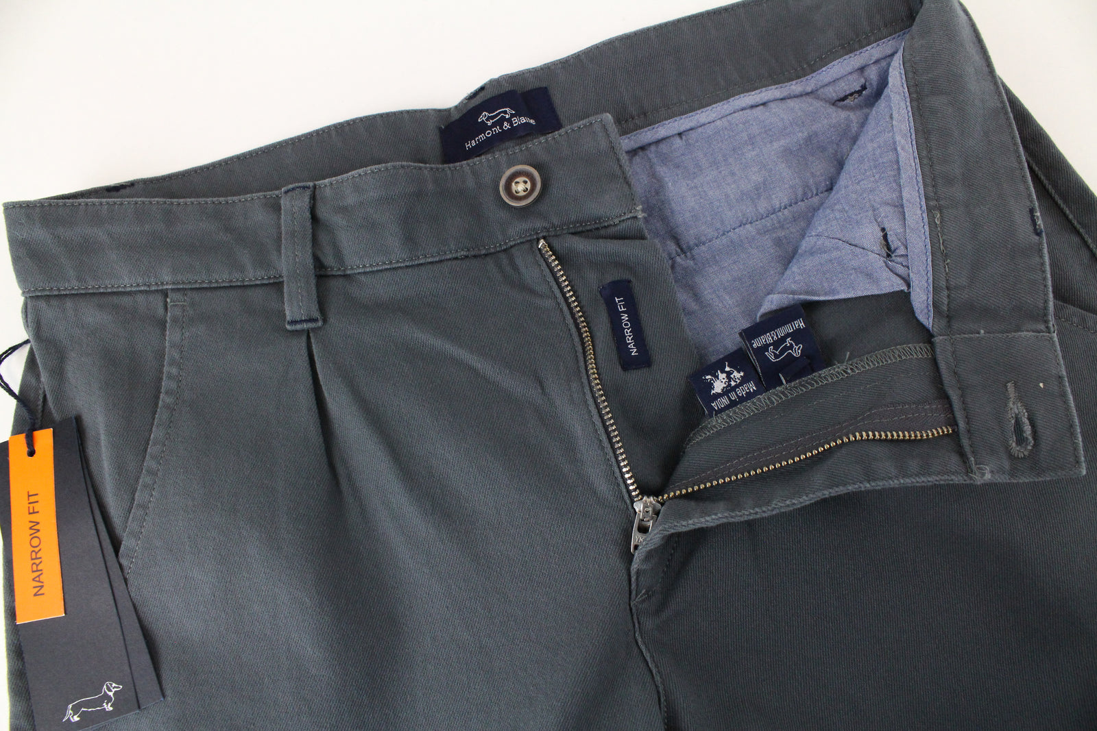 HARMONT &amp; BLAINE vyriškos kelnės, 46 cm ilgio, pilkai žalios spalvos, laisvalaikio stiliaus, su užtrauktuku, siauro kirpimo. 