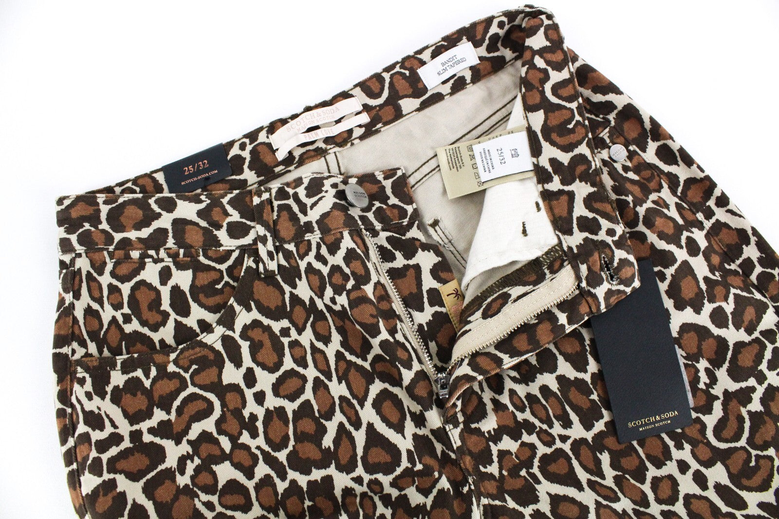 MAISON SCOTCH Women Trousers W25/L32 Beige Leopard Tapered Slim Fit