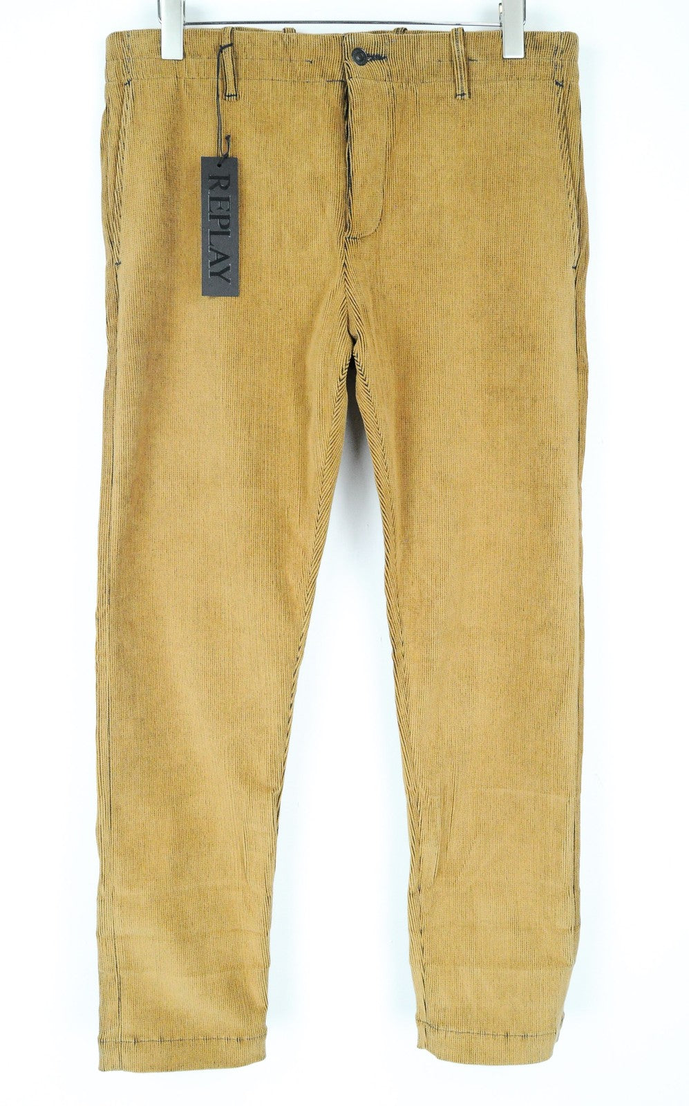 REPLAY Trousers Men's W33 L30 Brown Corduroy Cotton Stretch Fit Slit Pocket