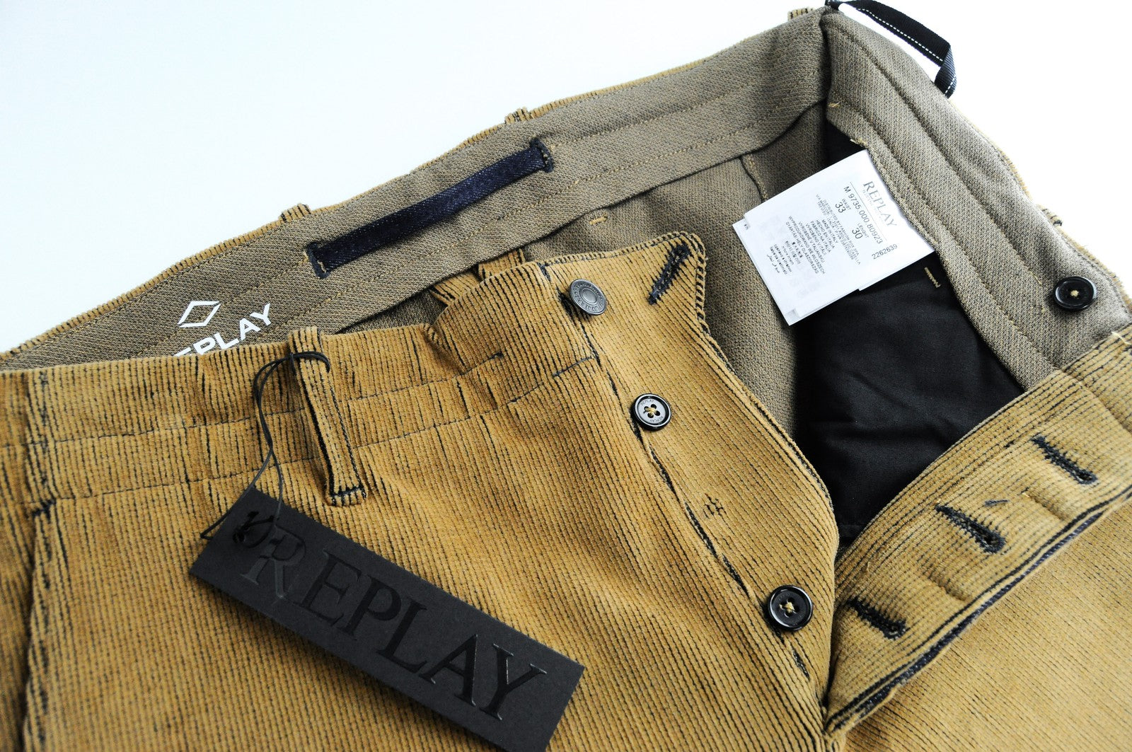 REPLAY Trousers Men's W33 L30 Brown Corduroy Cotton Stretch Fit Slit Pocket