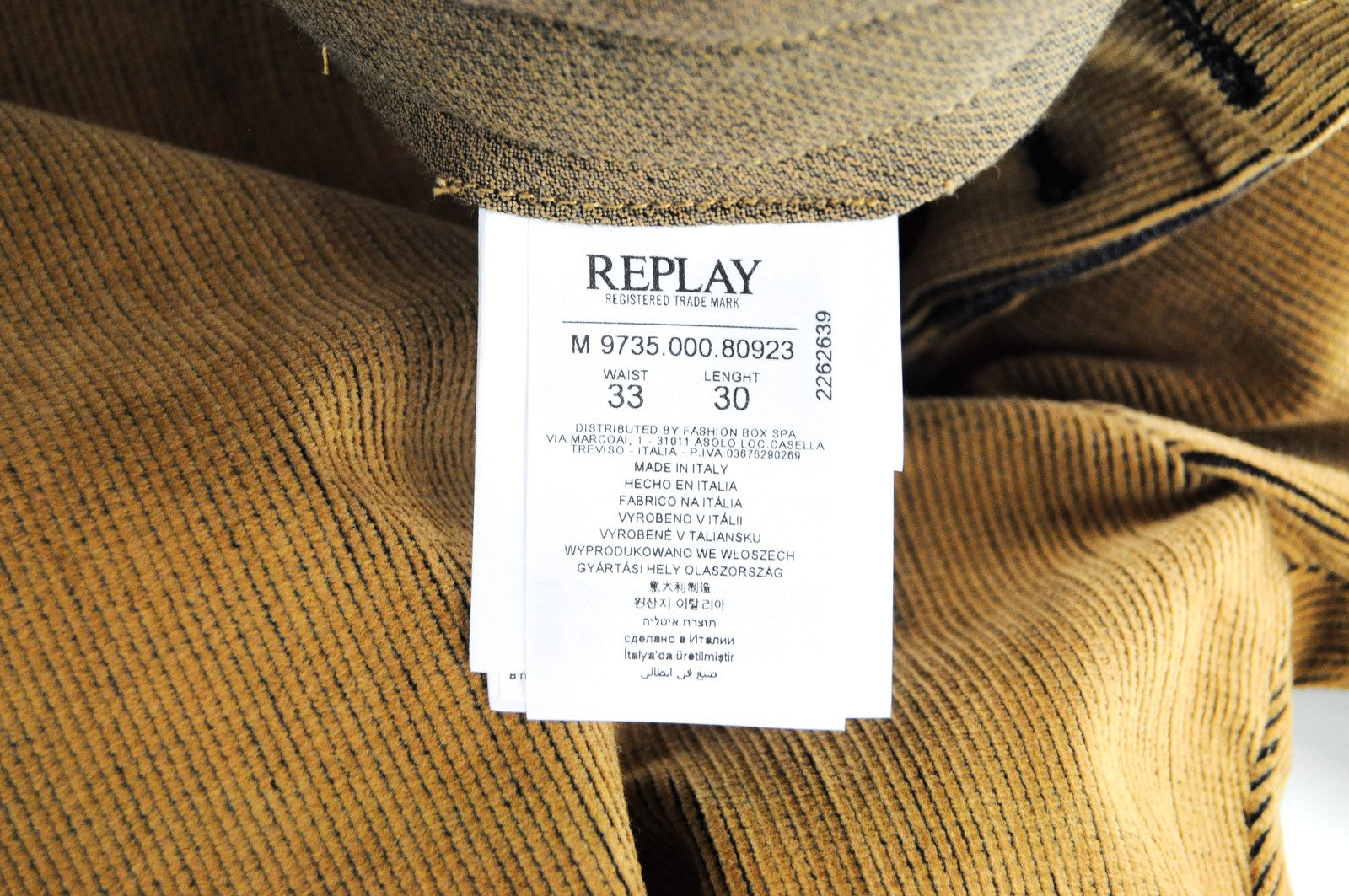 REPLAY Trousers Men's W33 L30 Brown Corduroy Cotton Stretch Fit Slit Pocket