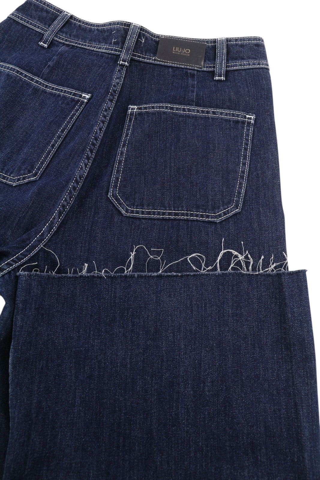 LIU JO Flare Patch Pocket Women Jeans W28 Unfinished Hems Zip Dark Blue Denim