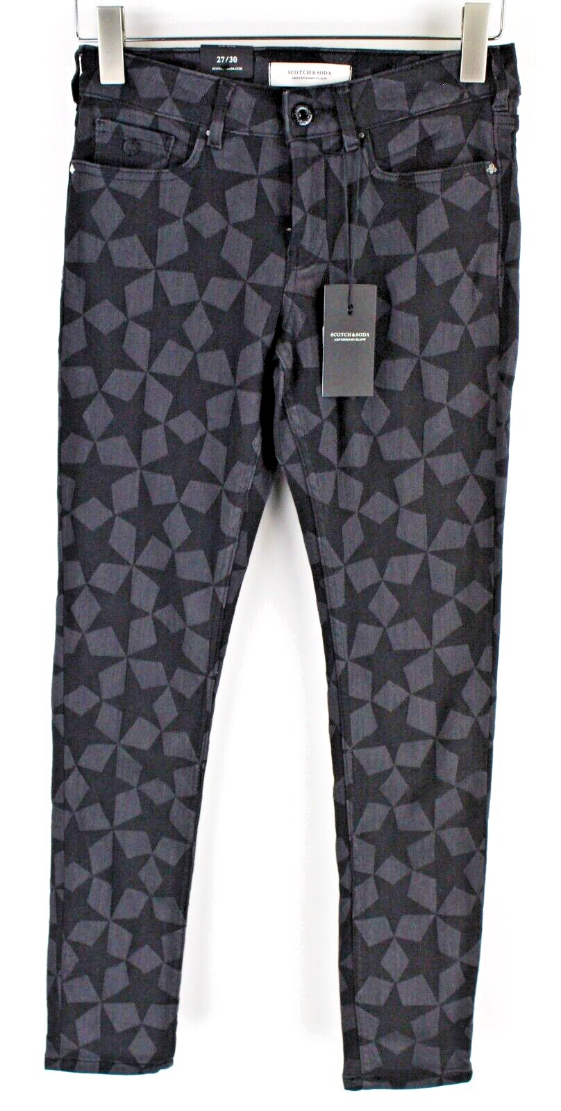 SCOTCH &amp; SODA moteriški džinsai W27/L30 žvaigždžių pilkos spalvos, platėjančios, aptemptos, žakardo stiliaus 