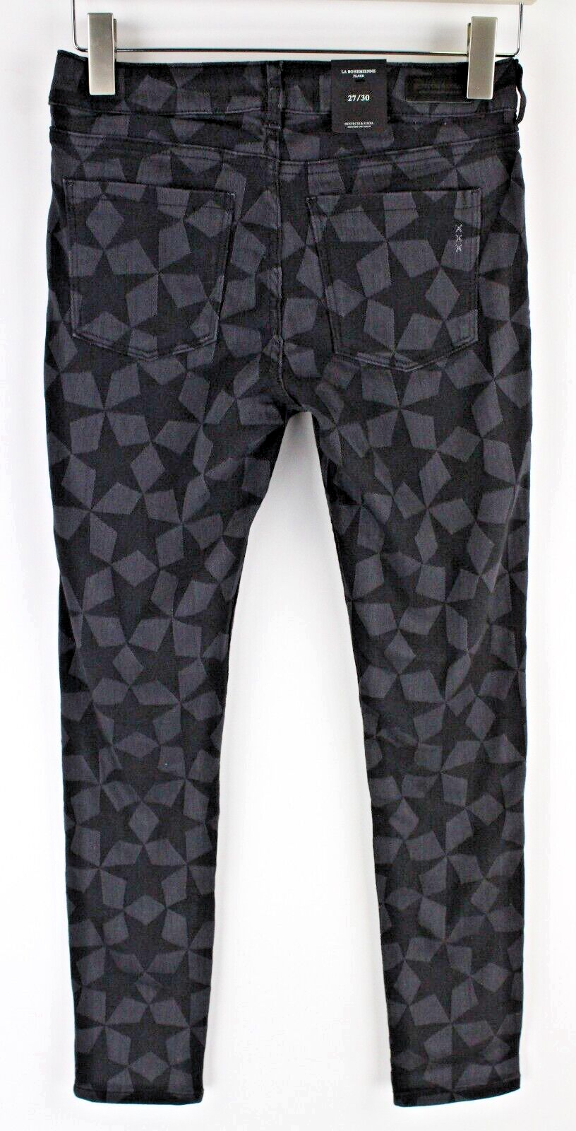 SCOTCH &amp; SODA moteriški džinsai W27/L30 žvaigždžių pilkos spalvos, platėjančios, aptemptos, žakardo stiliaus 