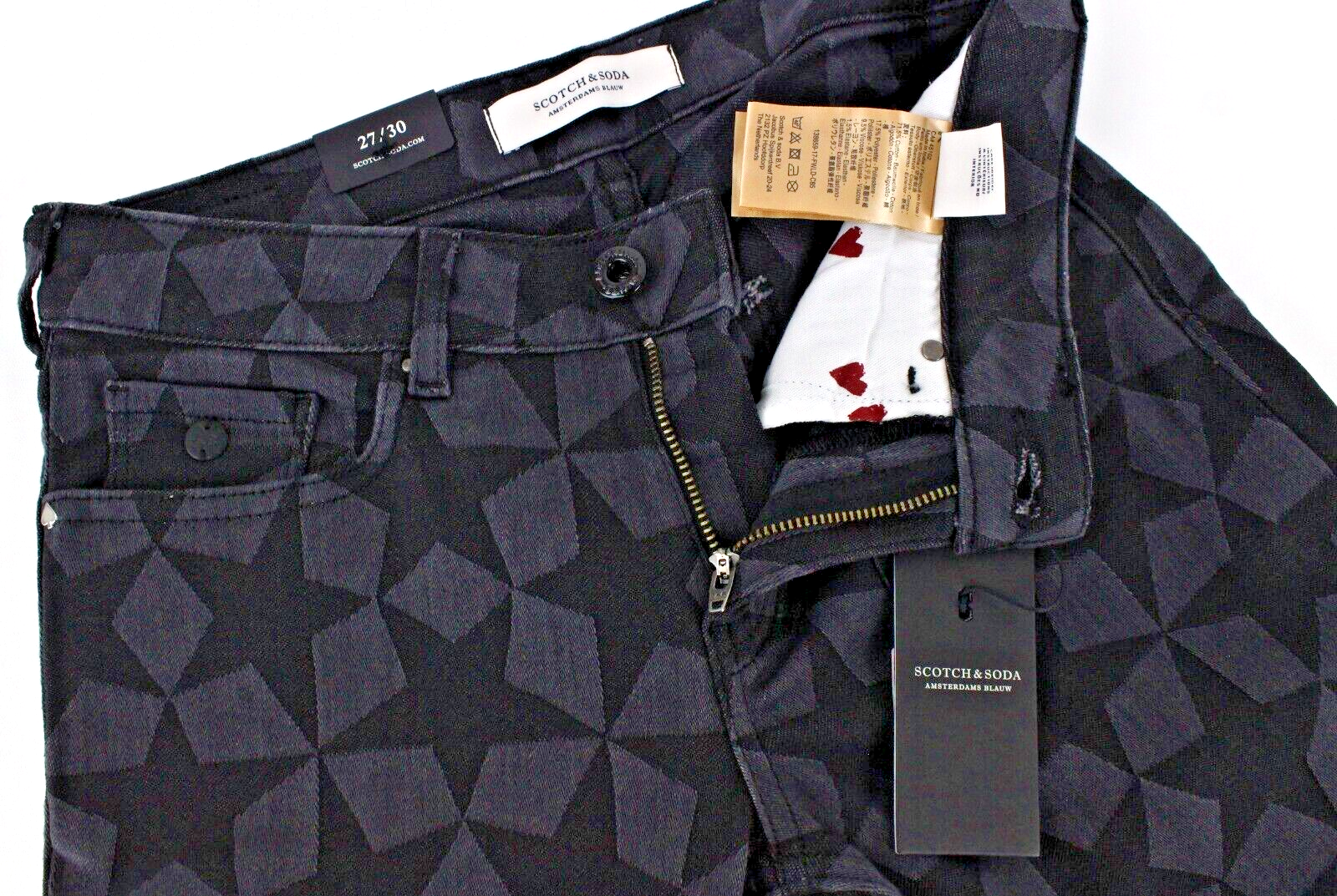 SCOTCH &amp; SODA moteriški džinsai W27/L30 žvaigždžių pilkos spalvos, platėjančios, aptemptos, žakardo stiliaus 