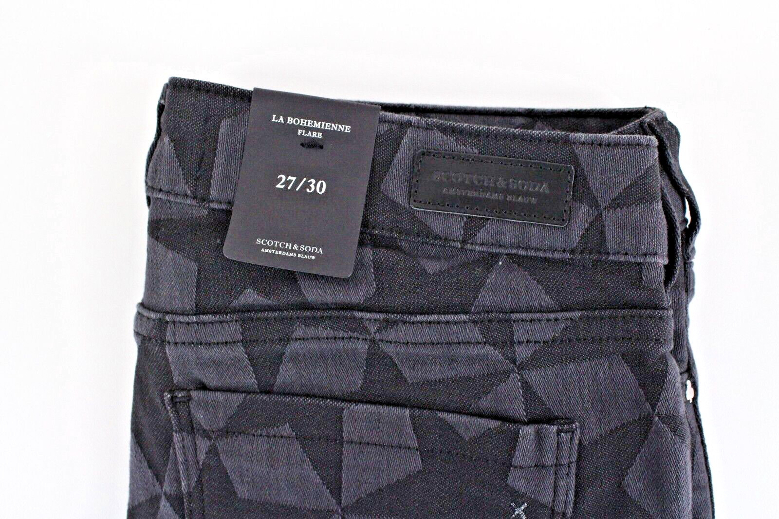 SCOTCH &amp; SODA moteriški džinsai W27/L30 žvaigždžių pilkos spalvos, platėjančios, aptemptos, žakardo stiliaus 