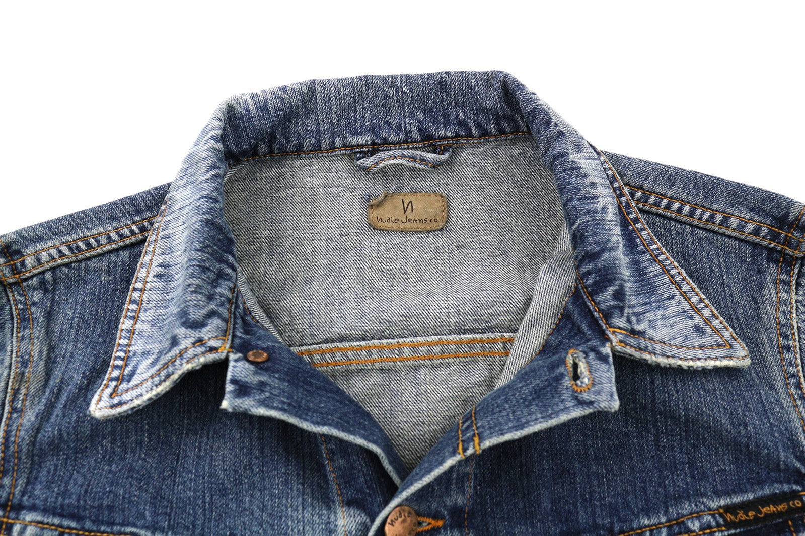 NUDIE JEANS Billy Men Jacket S Crunch Blue Washed Denim Spread Buttoned Logo