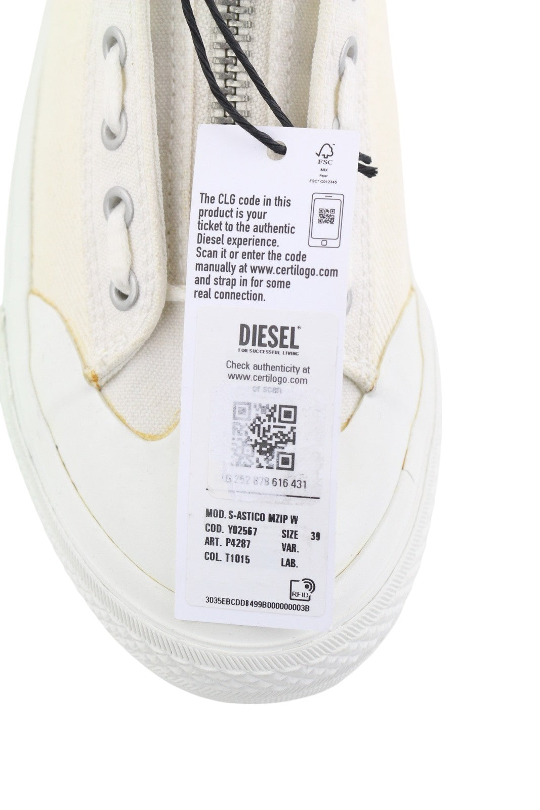 DIESEL S-Astico Mzip W moteriški sportbačiai, 39 dydis, balti, suvarstomi, migdolų spalvos, rekomenduojama kaina – 180 € 