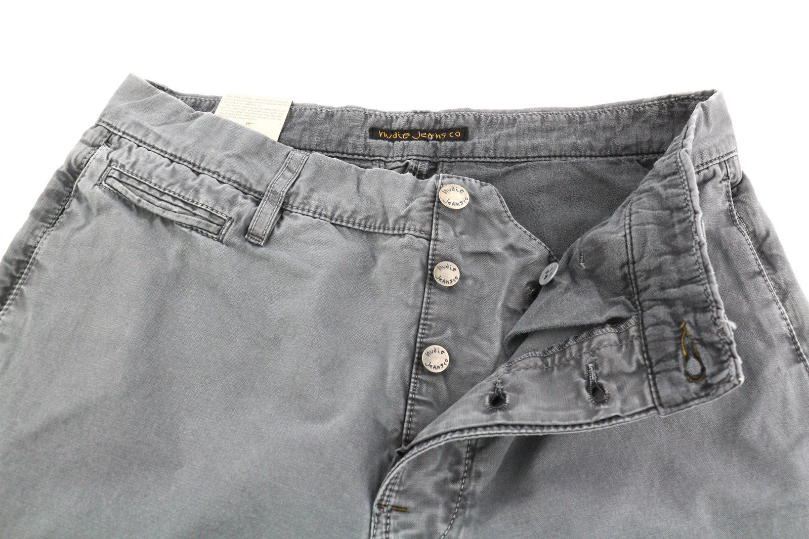 NUDIE JEANS chaki spalvos įprastos vyriškos kelnės W30/L34 drobės su sagomis pilkos spalvos 