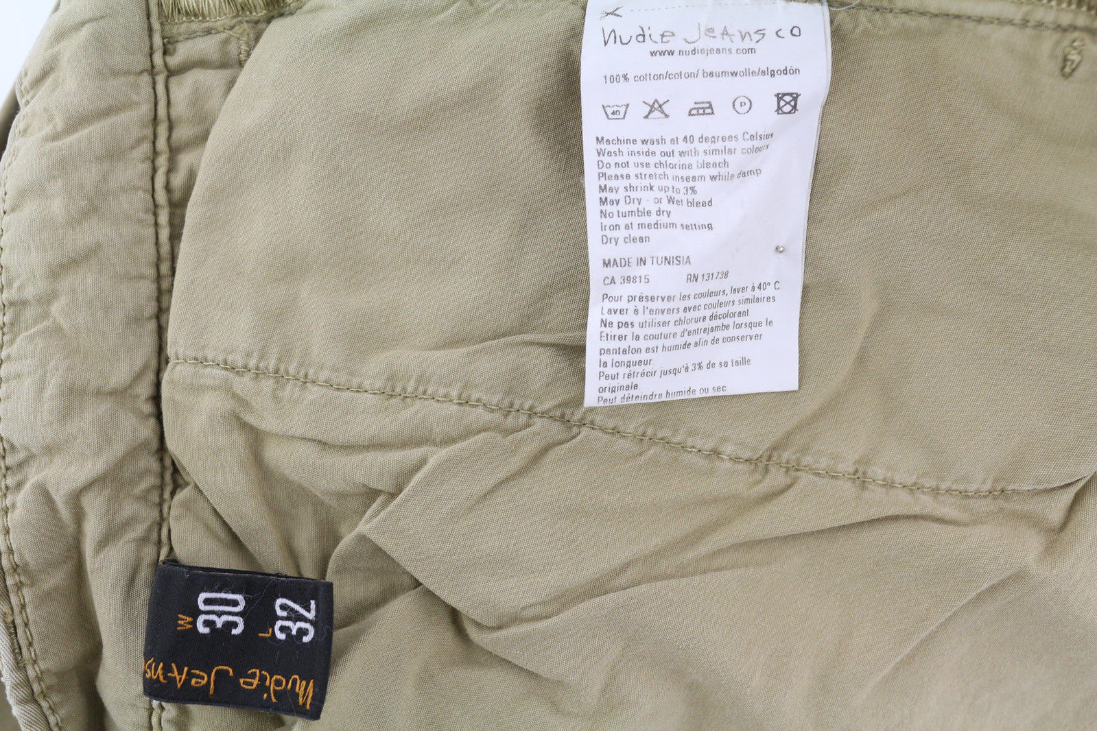 NUDIE JEANS chaki spalvos įprastos vyriškos kelnės W30/L32 smėlio spalvos chino spalvos su sagomis užsegimo kišenėmis 