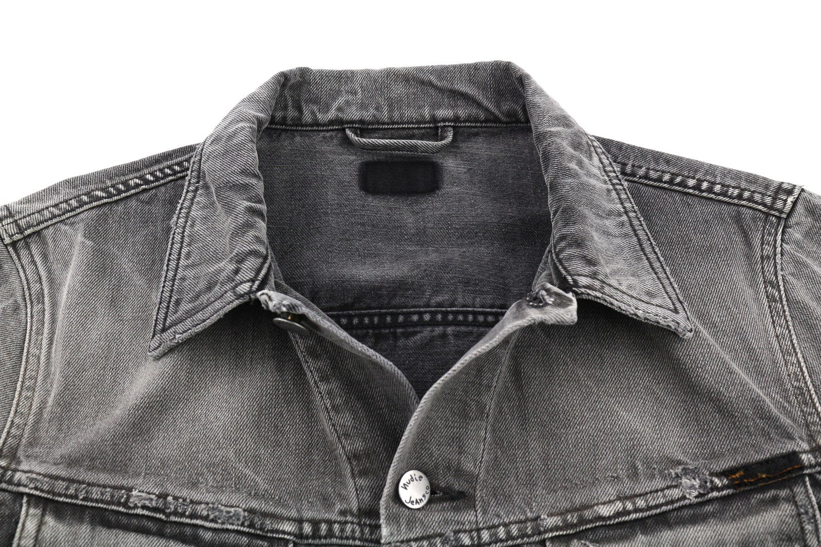 NUDIE JEANS Men Jacket M Grey Denim Washed Buttoned Spread Neck Pockets Logo