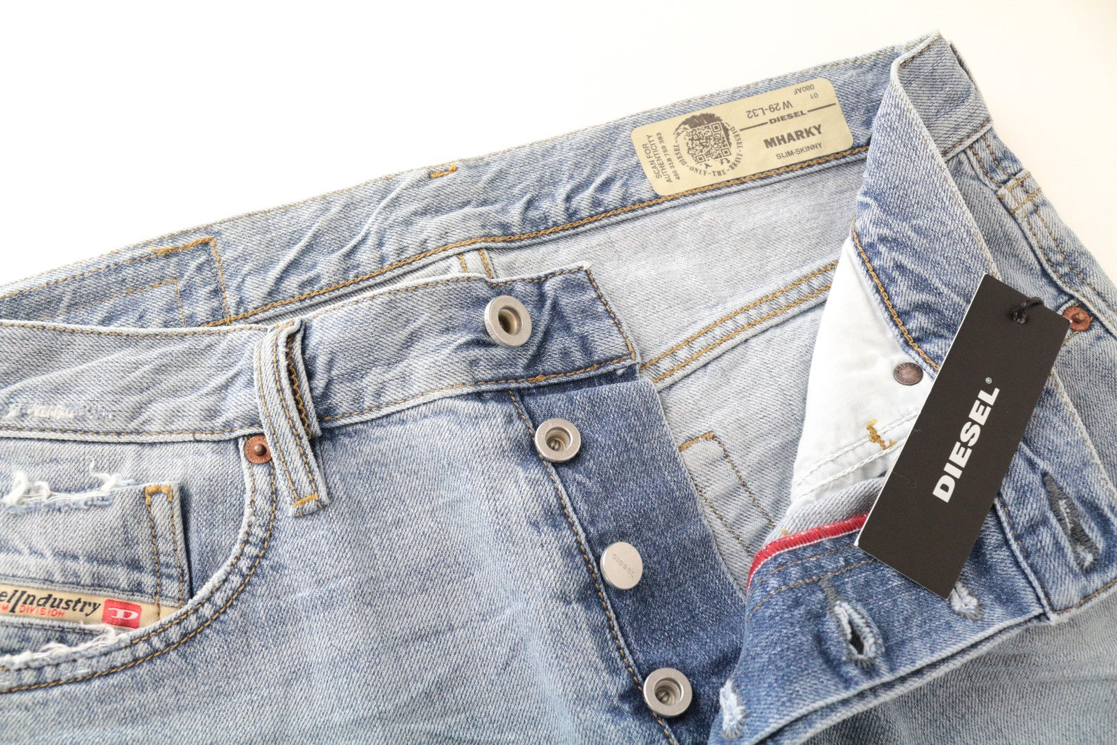 DIESEL Mharky 080AF vyriški W29/L32 džinsai, aptempti, mėlyni, plėšyti medvilniniai džinsai 