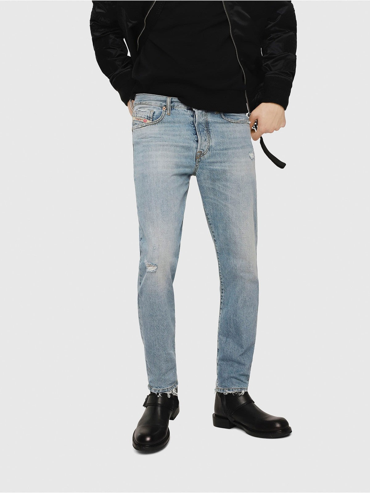 DIESEL Mharky 080AF W29/L32 mėlyni medvilniniai plėšyti aptempti džinsai vyrams, skalbti 