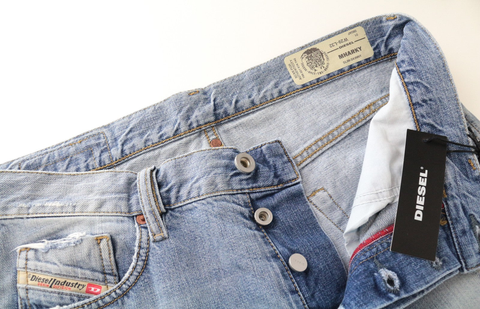 DIESEL Mharky 080AF W29/L32 mėlyni medvilniniai plėšyti aptempti džinsai vyrams, skalbti 