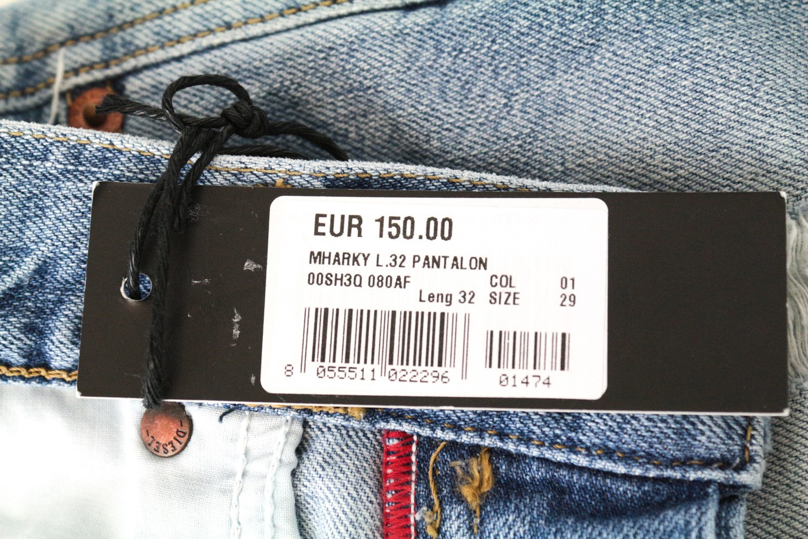 DIESEL Mharky 080AF W29/L32 mėlyni medvilniniai plėšyti aptempti džinsai vyrams, skalbti 