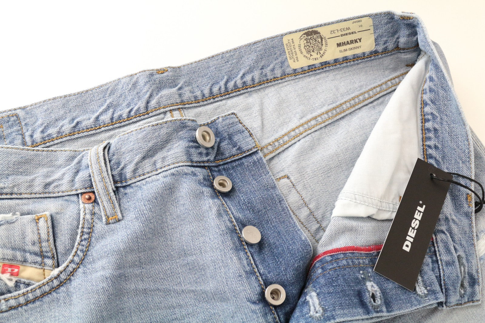 DIESEL Mharky 080AF Distressed Wash W33/L32 mėlyni medvilniniai aptempti vyriški džinsai 