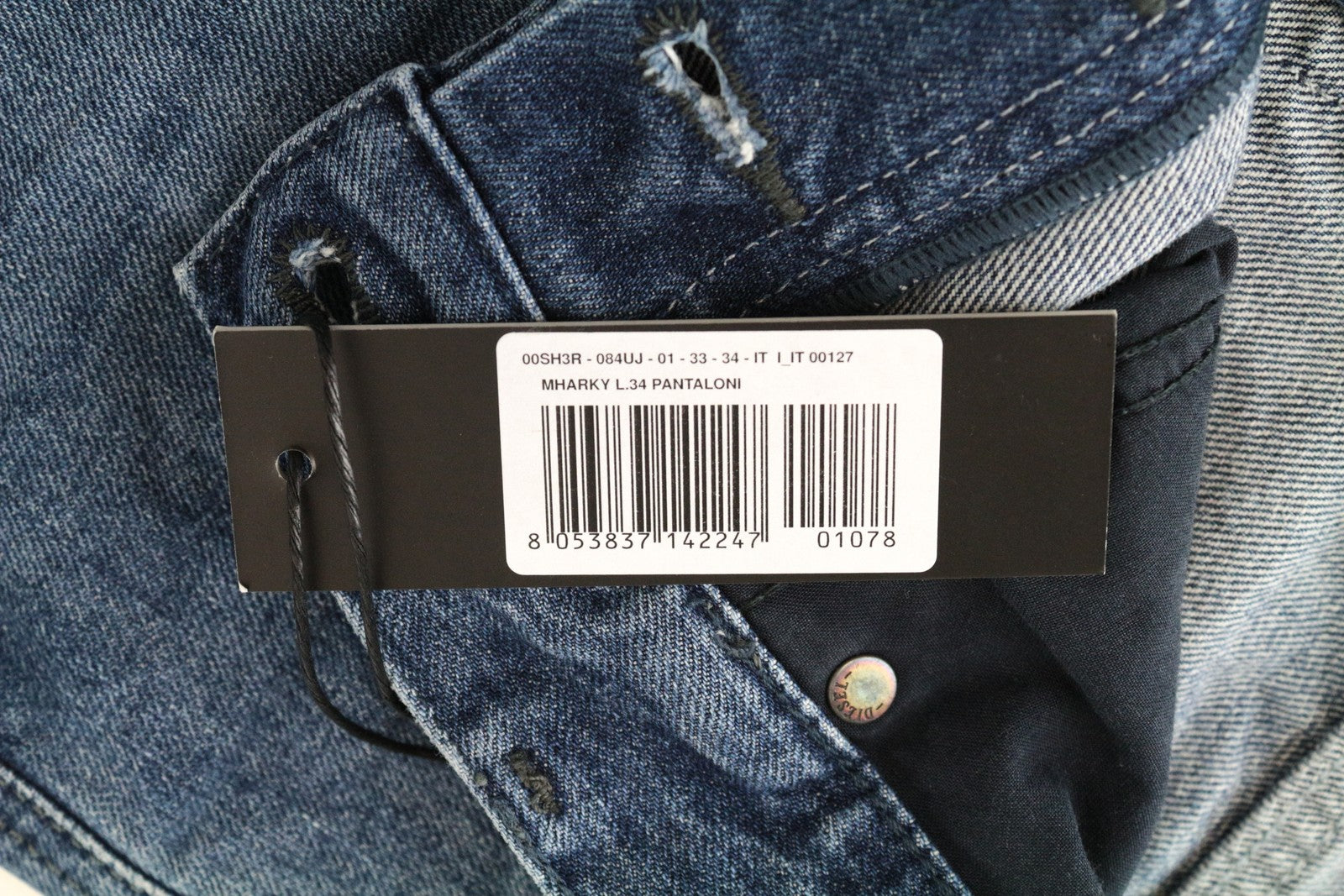 DIESEL Mharky 084UJ W33/L34 vyriški mėlyni skalbti džinsai, ploni, aptempti, grynos medvilnės kirpimo 