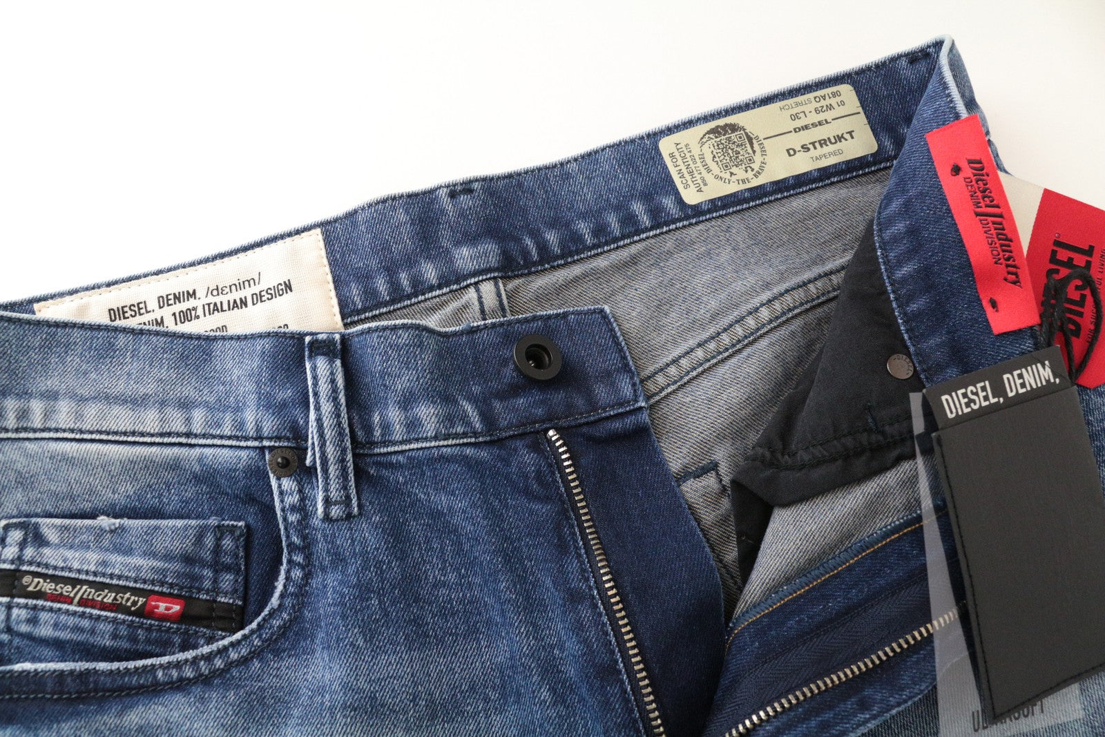 DIESEL D-Strukt 081AQ W29/L30 skalbti tamprūs mėlyni medvilniniai džinsai vyrams siaurėjantis kirpimas 
