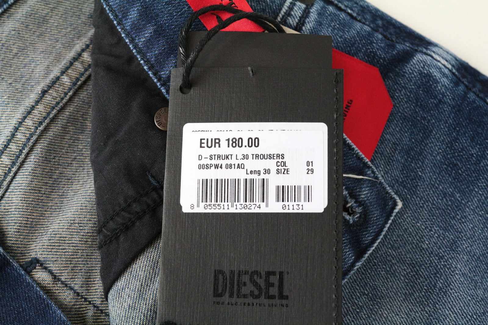 DIESEL D-Strukt 081AQ W29/L30 siaurėjančio kirpimo mėlyni medvilniniai tamprūs džinsai vyrams, skalbimui 