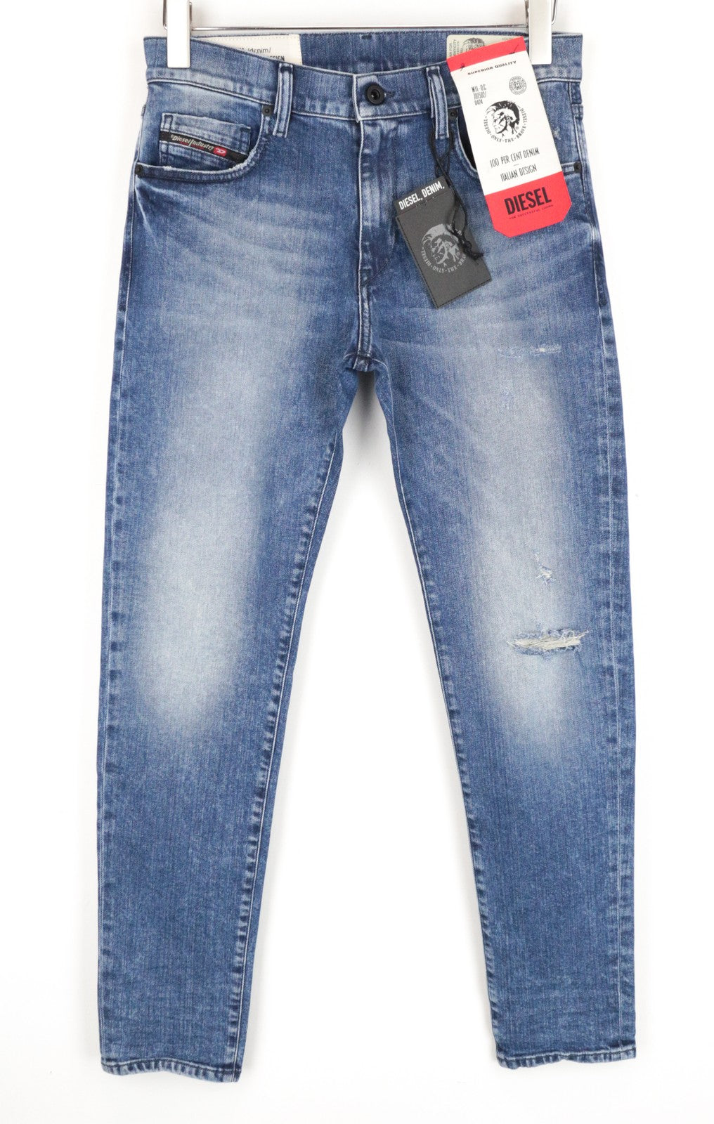DIESEL D-Strukt 081AQ plėšyti mėlyni skalbinių spalvos W29/L32 siaurėjantys vyriški džinsai iš tamprios medvilnės 