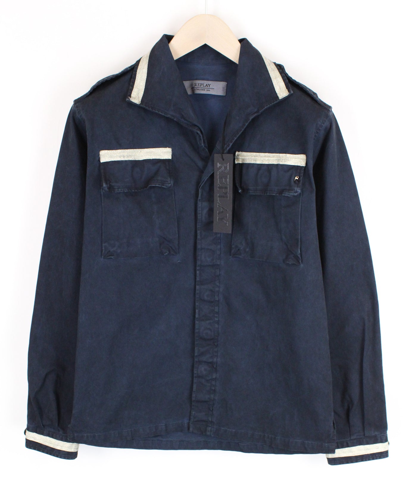 REPLAY darbininko stiliaus moteriškas švarkas M tamsiai mėlynas trumpas marškinėliai su lopais kišenėse 