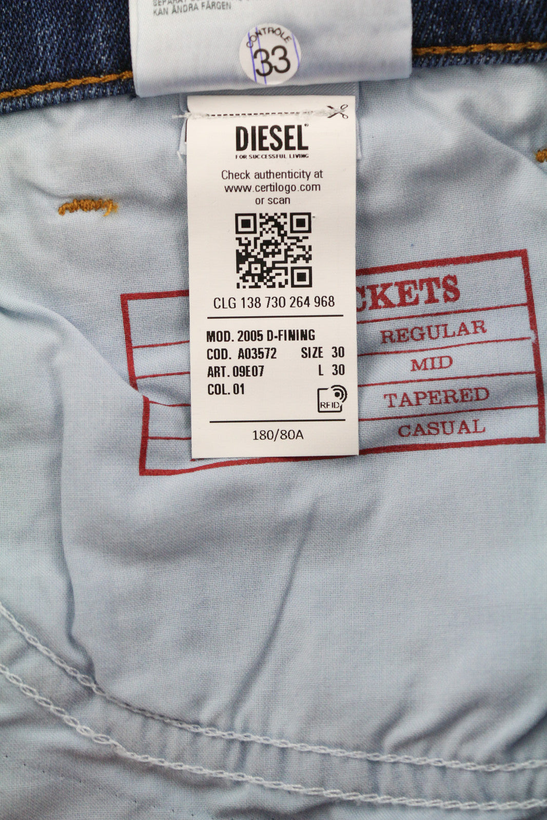 DIESEL 2005 D-Fining 09E07 vyriški džinsai W30/L30 įprasto kirpimo siaurėjančios kojų išsekimo juostos 
