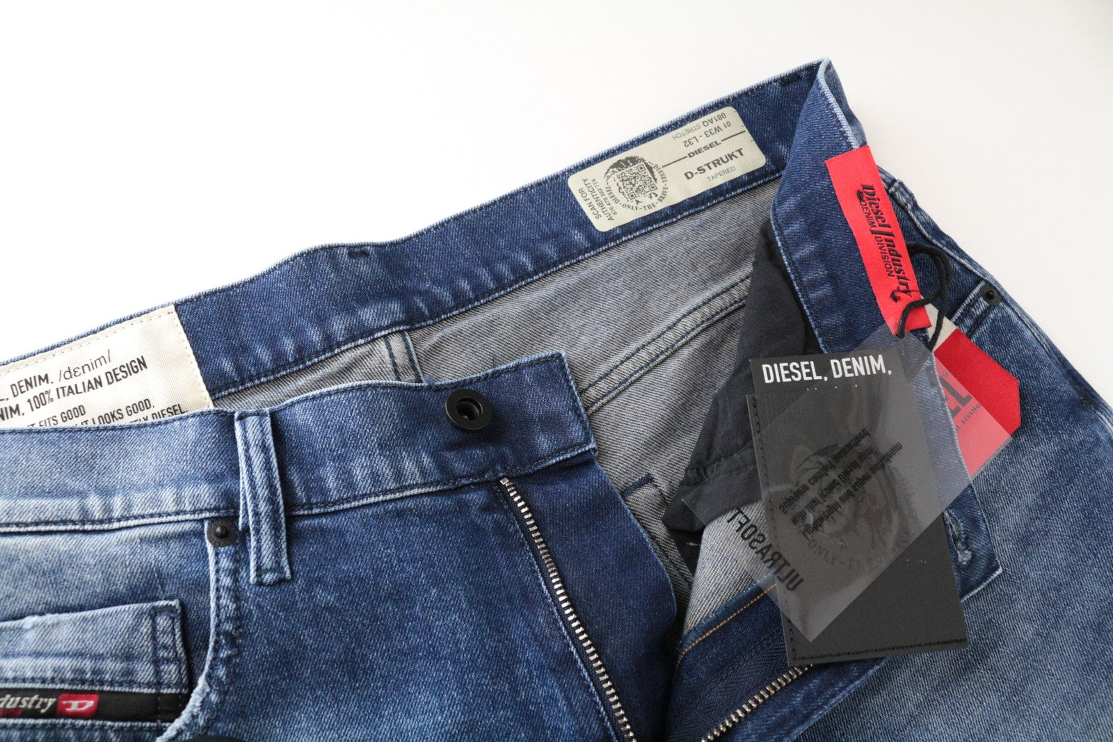 DIESEL D-Strukt 081AQ W33/L32 skalbti mėlyni džinsiniai siaurėjantys vyriški džinsai iš medvilnės, tamprūs 