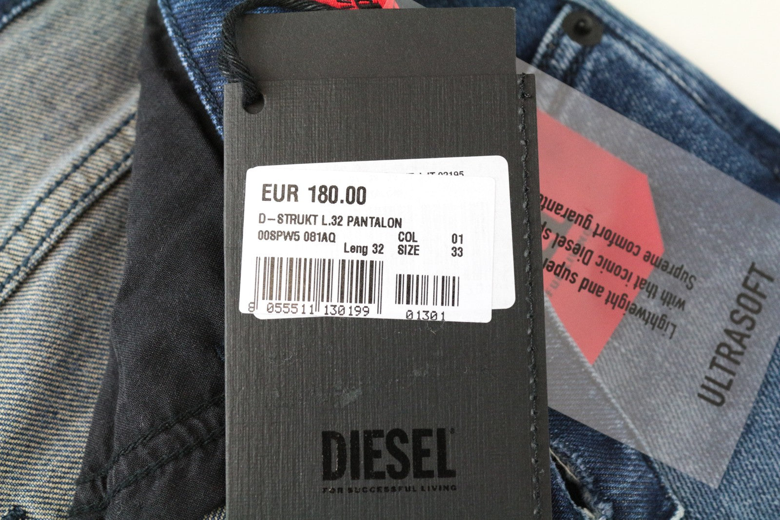 DIESEL D-Strukt 081AQ W33/L32 skalbti mėlyni džinsiniai siaurėjantys vyriški džinsai iš medvilnės, tamprūs 