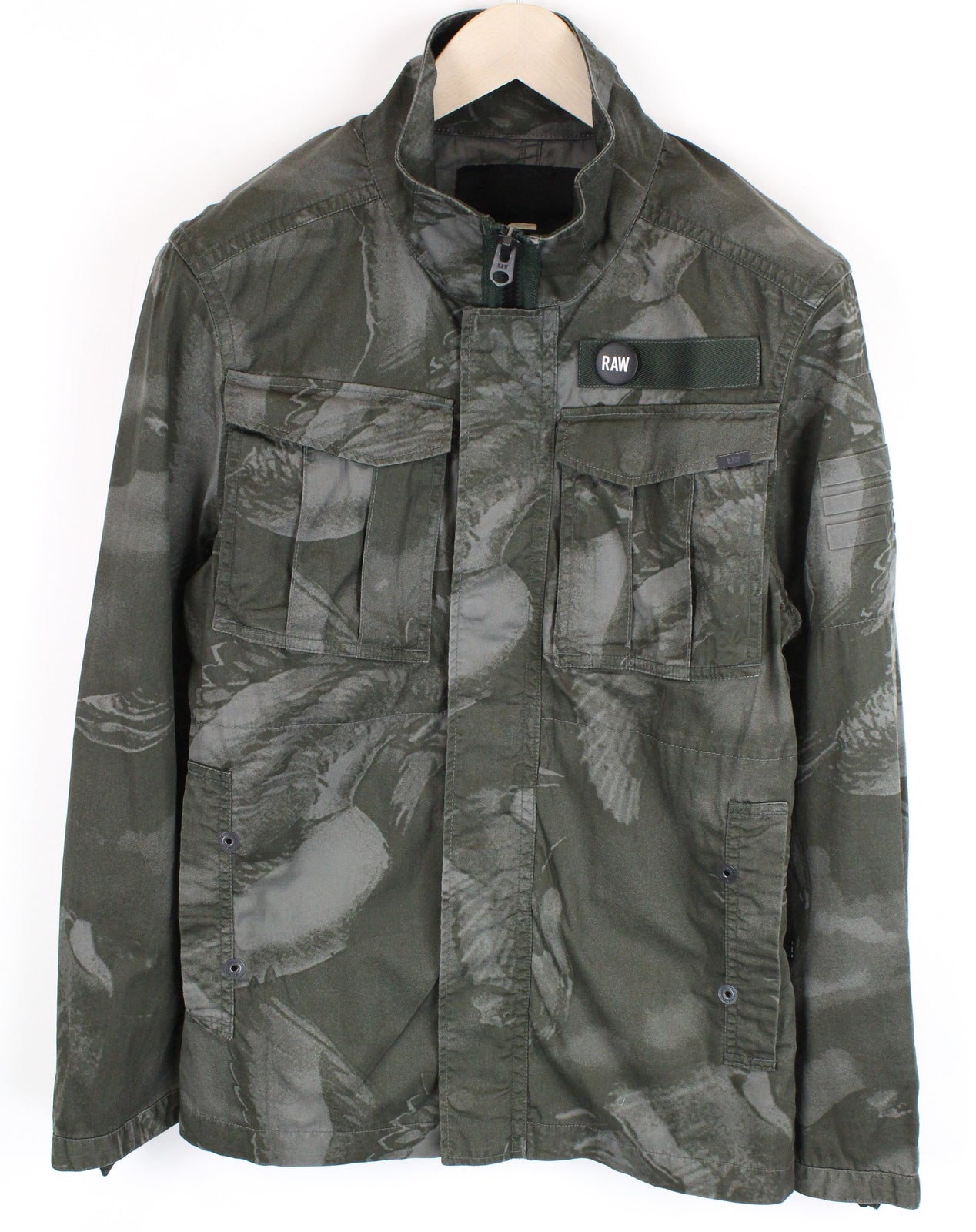 G-STAR Rovic Men Jacket XS Dark Green Overshirt Bird Pattern Twill Lined Zip-Up