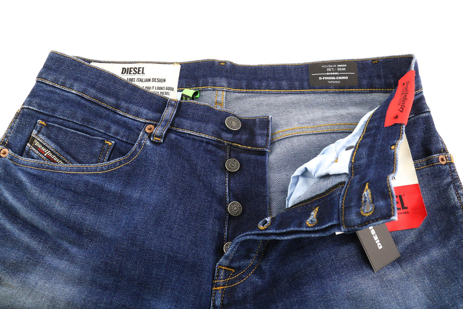 DIESEL D-Fining-Chino 009MI vyriški džinsai W32/L32 siaurėjantys, tamprūs, skalbtos mėlynos spalvos 