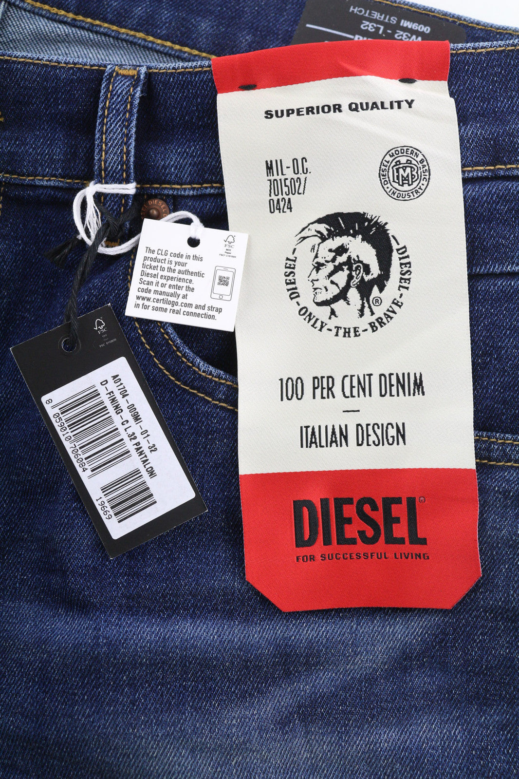 DIESEL D-Fining-Chino 009MI vyriški džinsai W32/L32 siaurėjantys, tamprūs, skalbtos mėlynos spalvos 