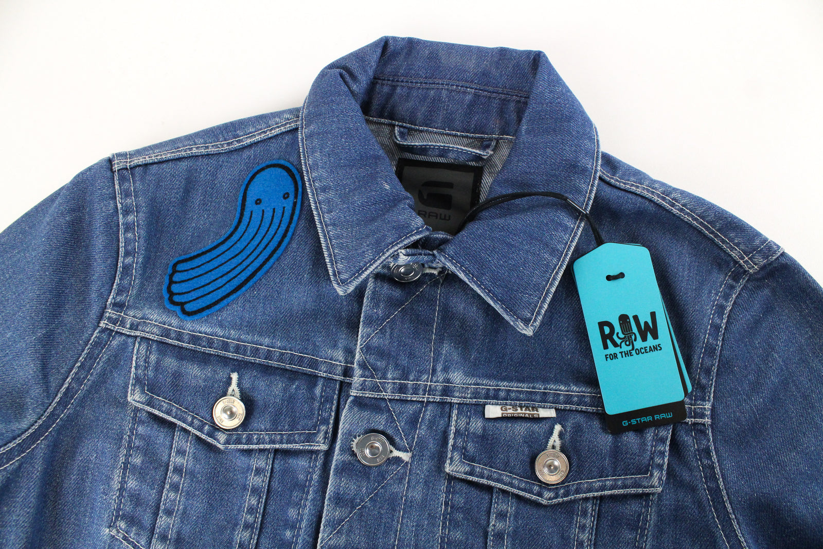 G-STAR Raw For The Oceans Parley Drop 1 moteriška trumpinta striukė su džinsiniais lopais S 