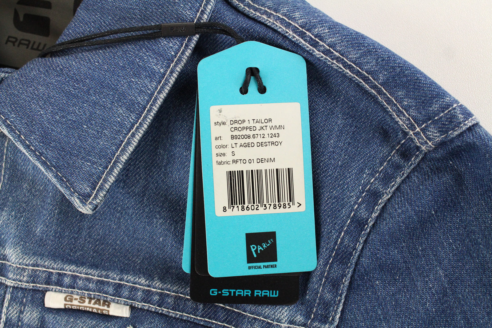 G-STAR Raw For The Oceans Parley Drop 1 moteriška trumpinta striukė su džinsiniais lopais S 