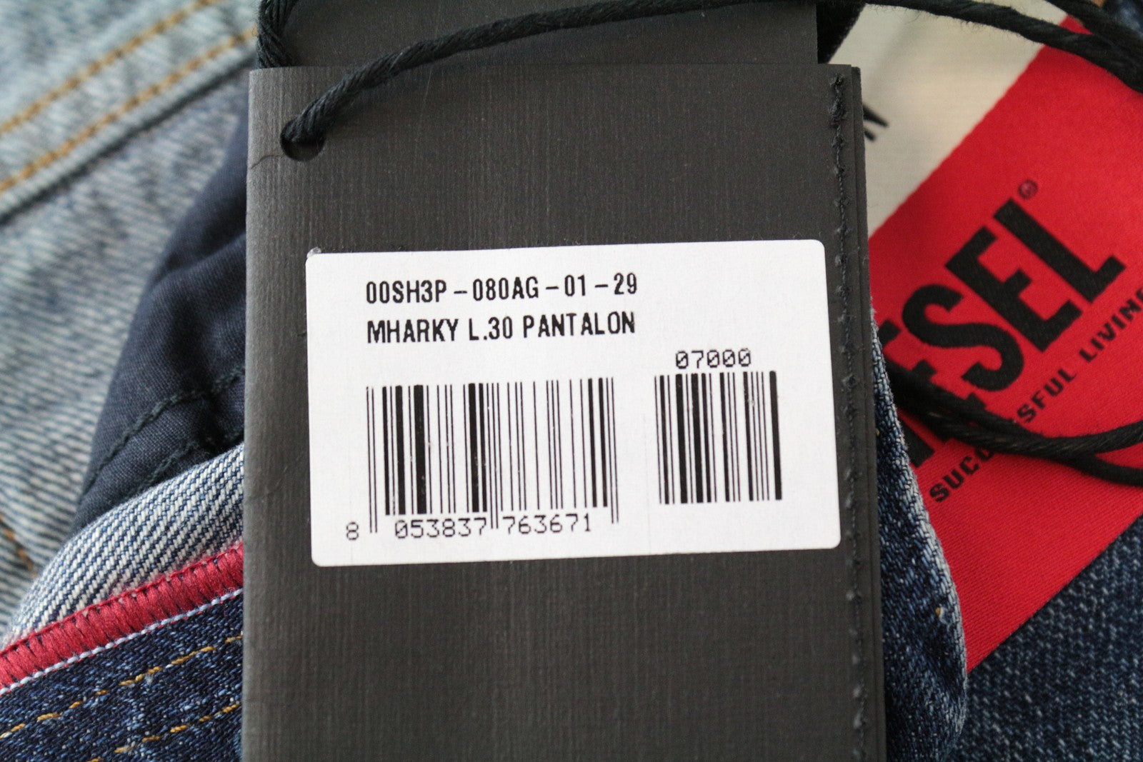 DIESEL Mharky 080AG W29/L30 mėlyni skalbtos medvilnės vyriški aptempti džinsai, tvarkingo kirpimo 