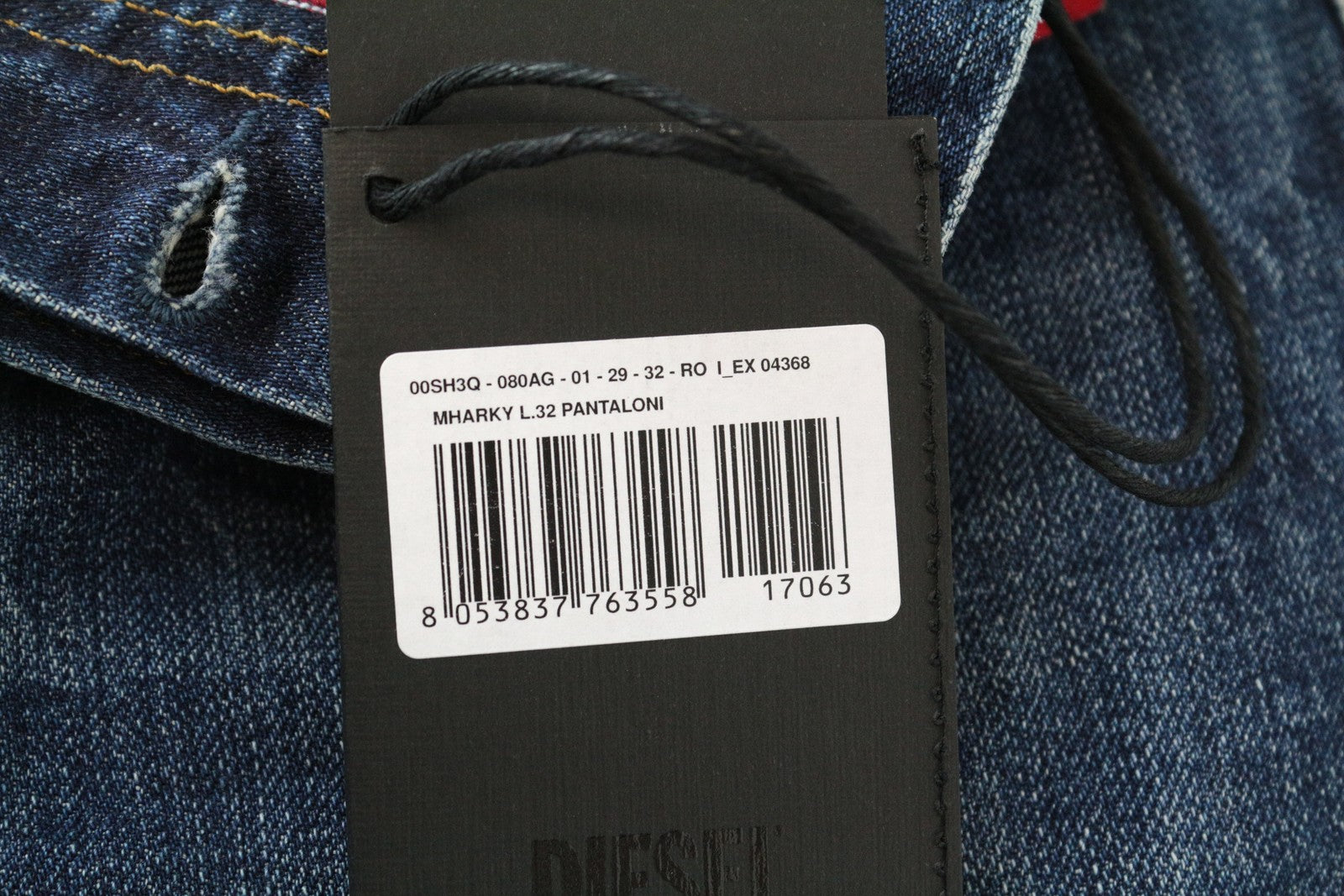 DIESEL Mharky 080AG W29/L32 skalbti plėšyti vyriški džinsai iš aptemptos medvilnės, grynai mėlynos spalvos 