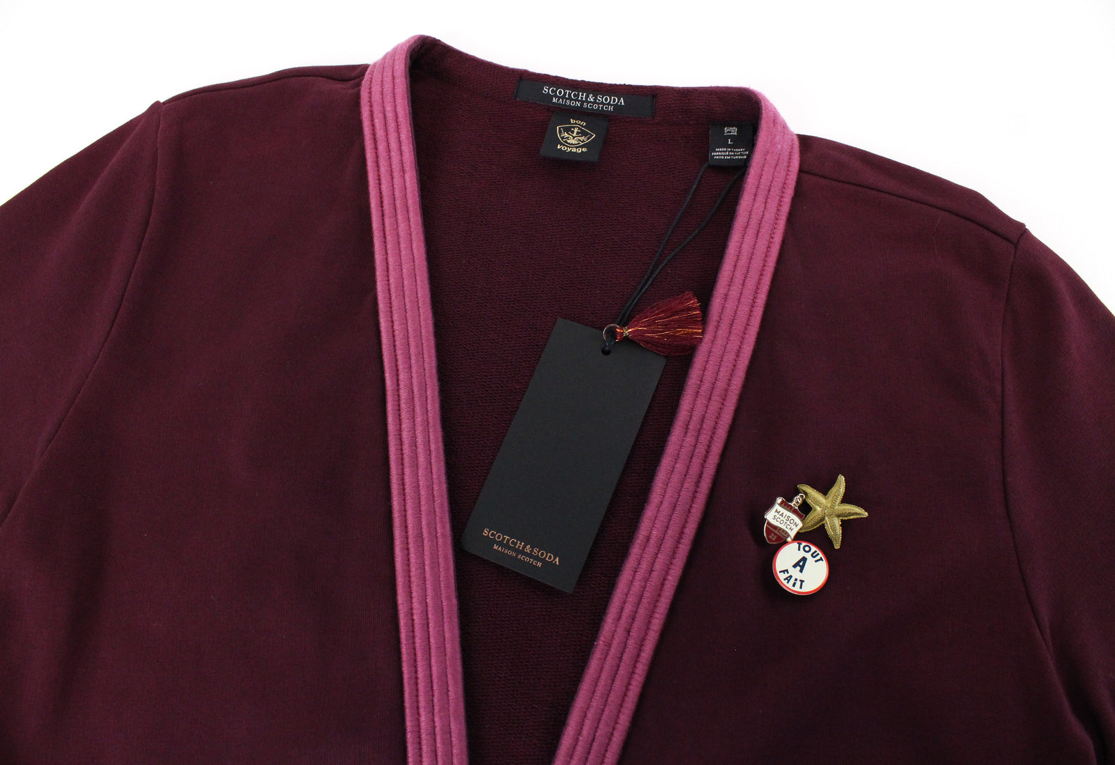 MAISON SCOTCH Bon Voyage moteriškas megztinis L dydžio atviras kardiganas su bordo raštu, tvirtai megztas