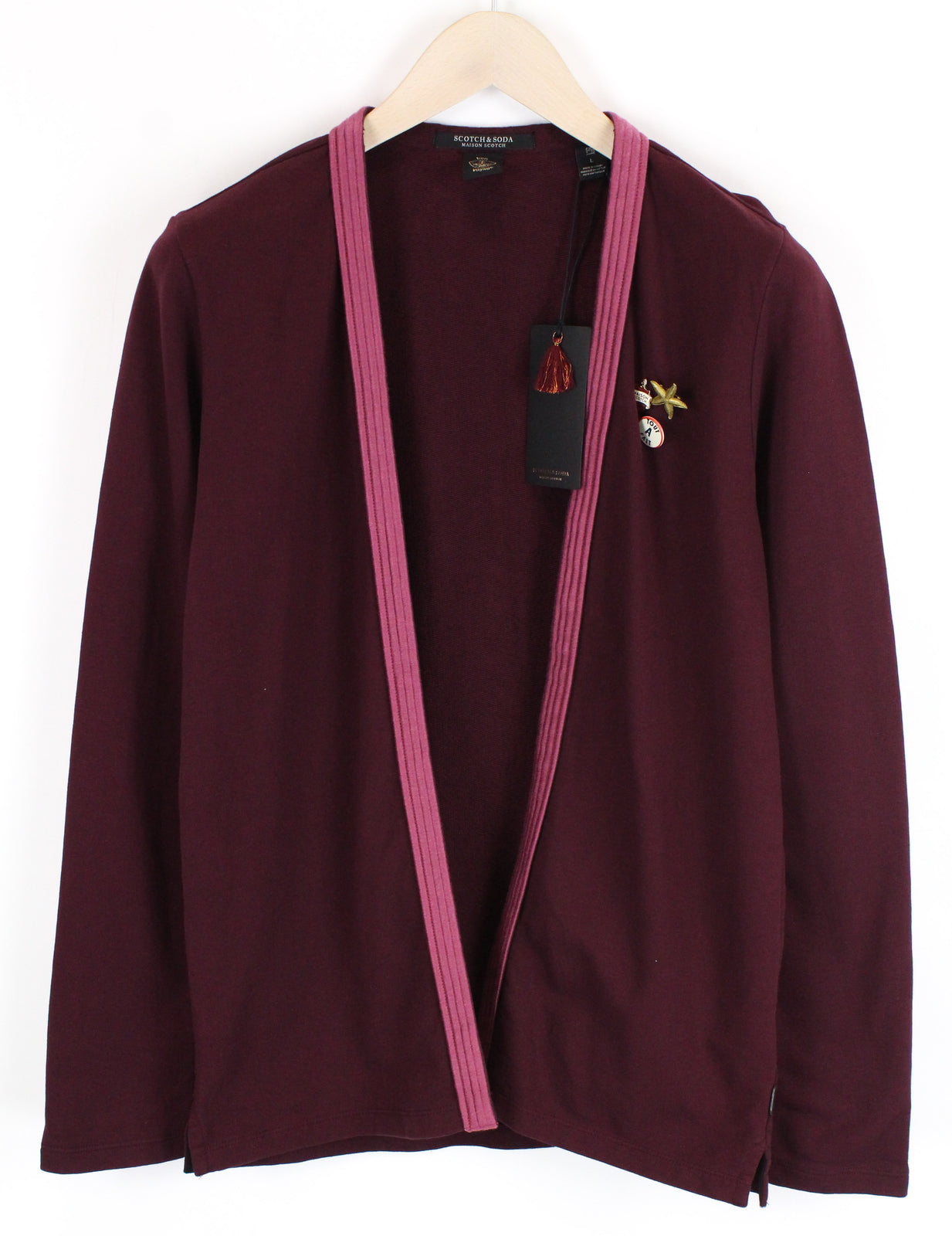 MAISON SCOTCH Bon Voyage moteriškas megztinis L dydžio atviras kardiganas su bordo raštu, tvirtai megztas