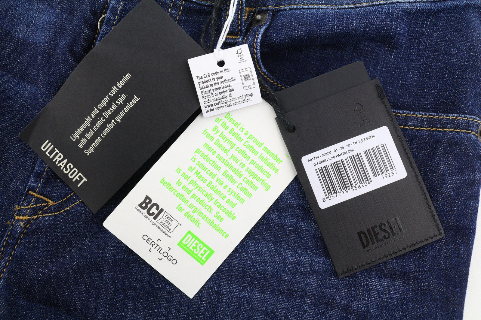 DIESEL D-Fining 009ZU vyriški džinsai W30/L30 siaurėjantys, tamprūs, skalbto džinso mėlyni 