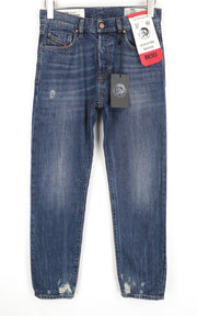 DIESEL Mharky 080AG mėlyni plėšyti džinsai vyrams W29/L32 Slim džinsai iš medvilnės, aptempti 