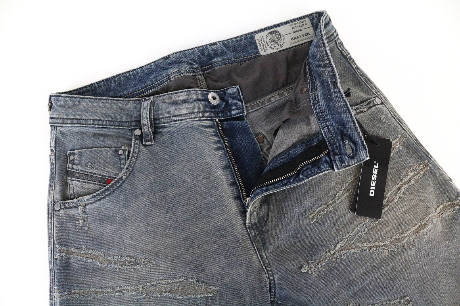 DIESEL Krayver R4TL8 vyriški džinsai W28/L32 Slim morkų spalvos pilkšvai mėlyni tamprūs medvilniniai džinsai 