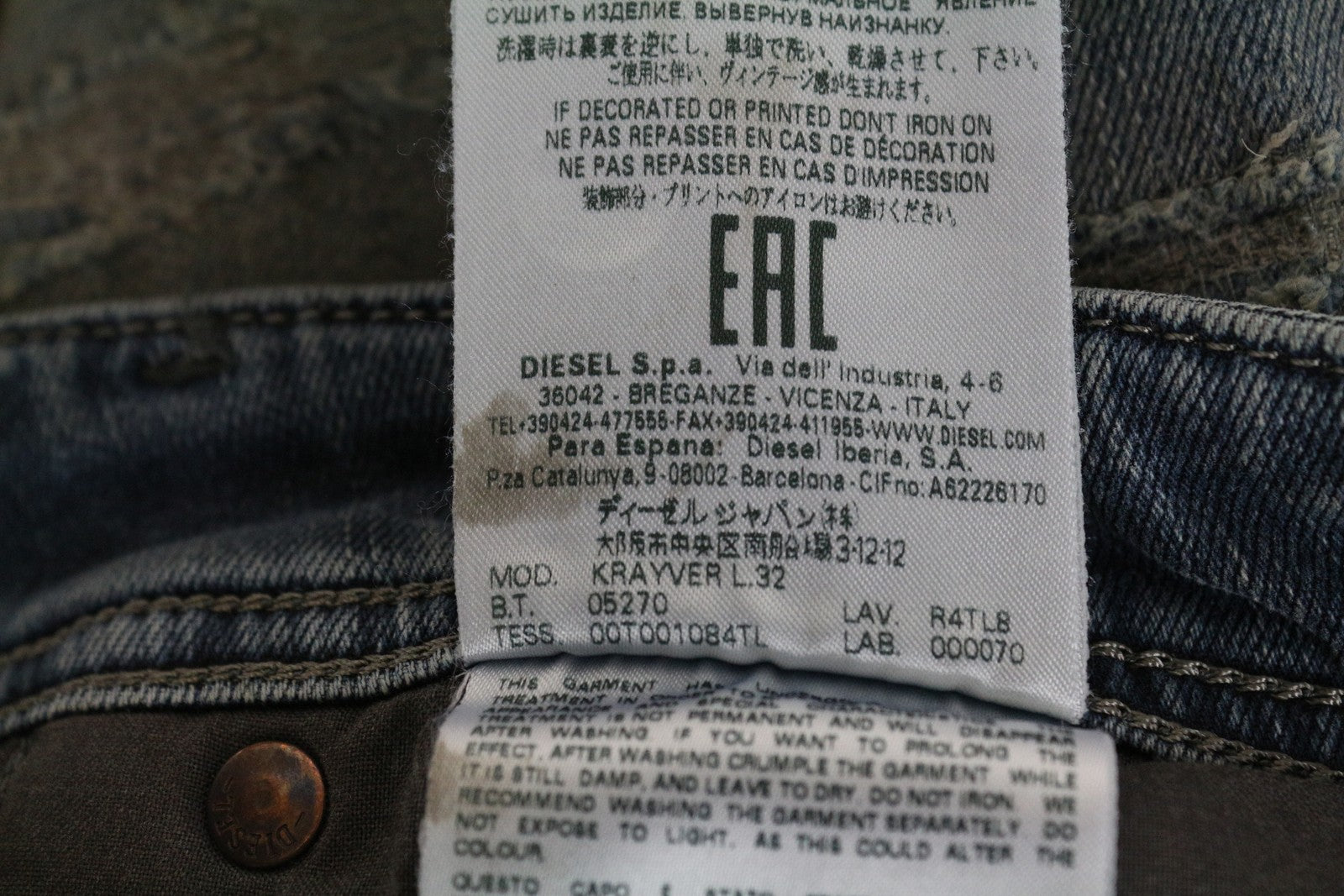 DIESEL Krayver R4TL8 vyriški džinsai W28/L32 Slim morkų spalvos pilkšvai mėlyni tamprūs medvilniniai džinsai 