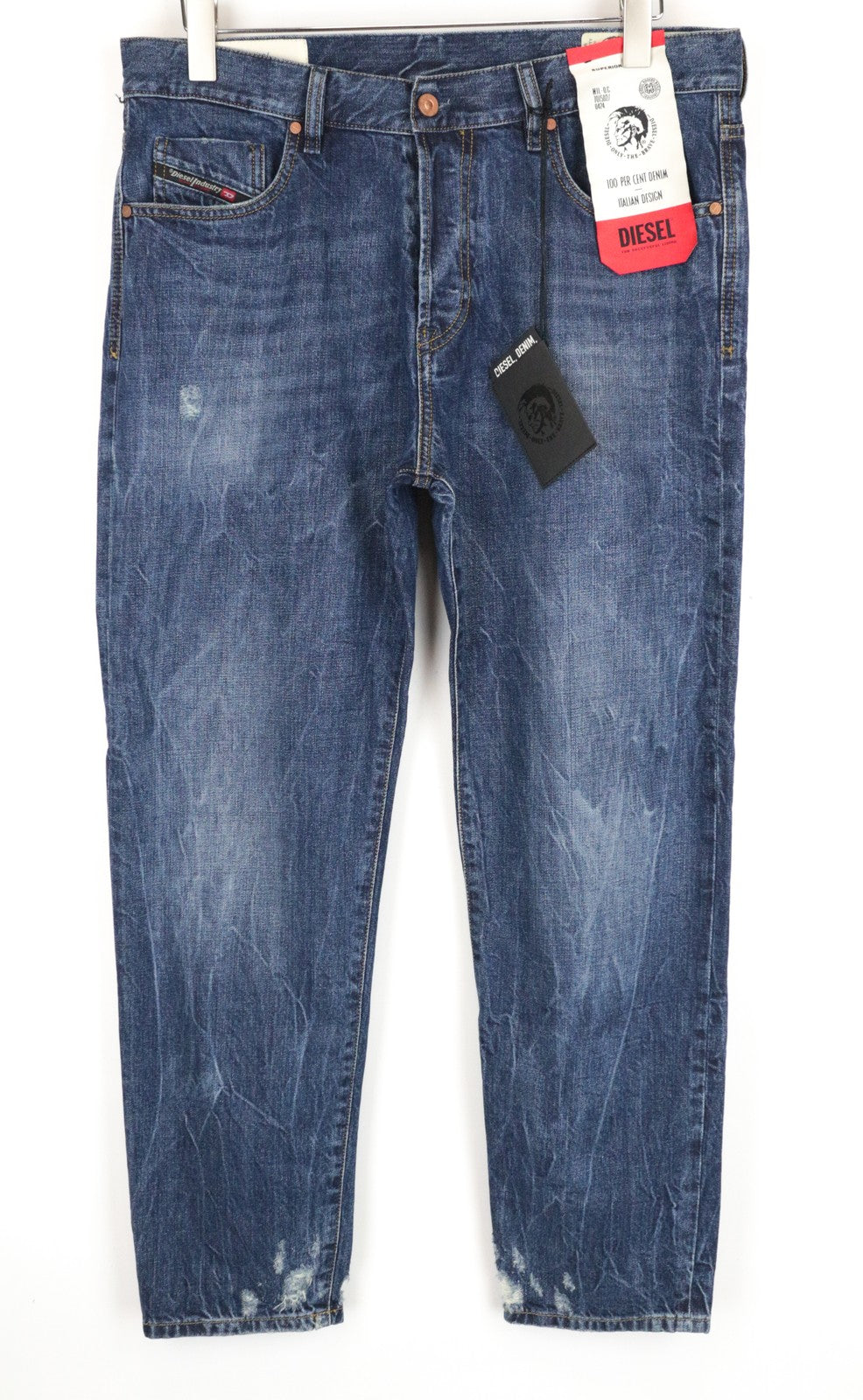 DIESEL Mharky 080AG W34/L32 vyriški džinsai su sagomis ir ploni mėlyni medvilniniai aptempti džinsai 
